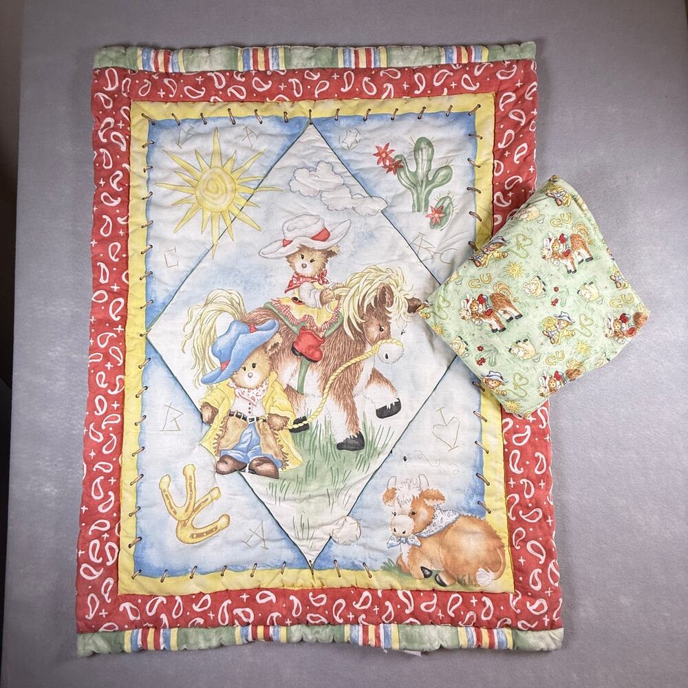 Vtg Y2K Dolly Cowboy Teddy Bear crib sheet & blanket - western nursery horse cow
